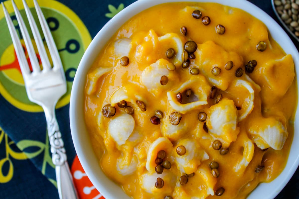 Overhead image of a bowl of butternut squash mac and cheese.
