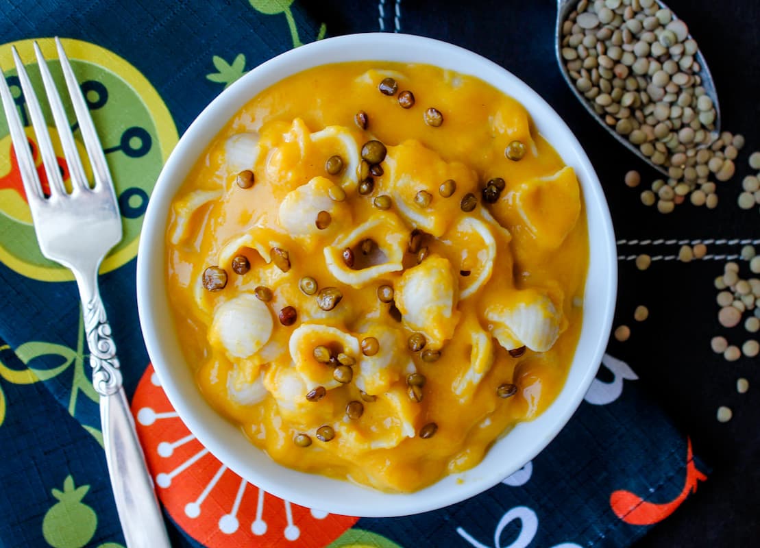 Overhead image of a bowl of butternut squash mac and cheese.
