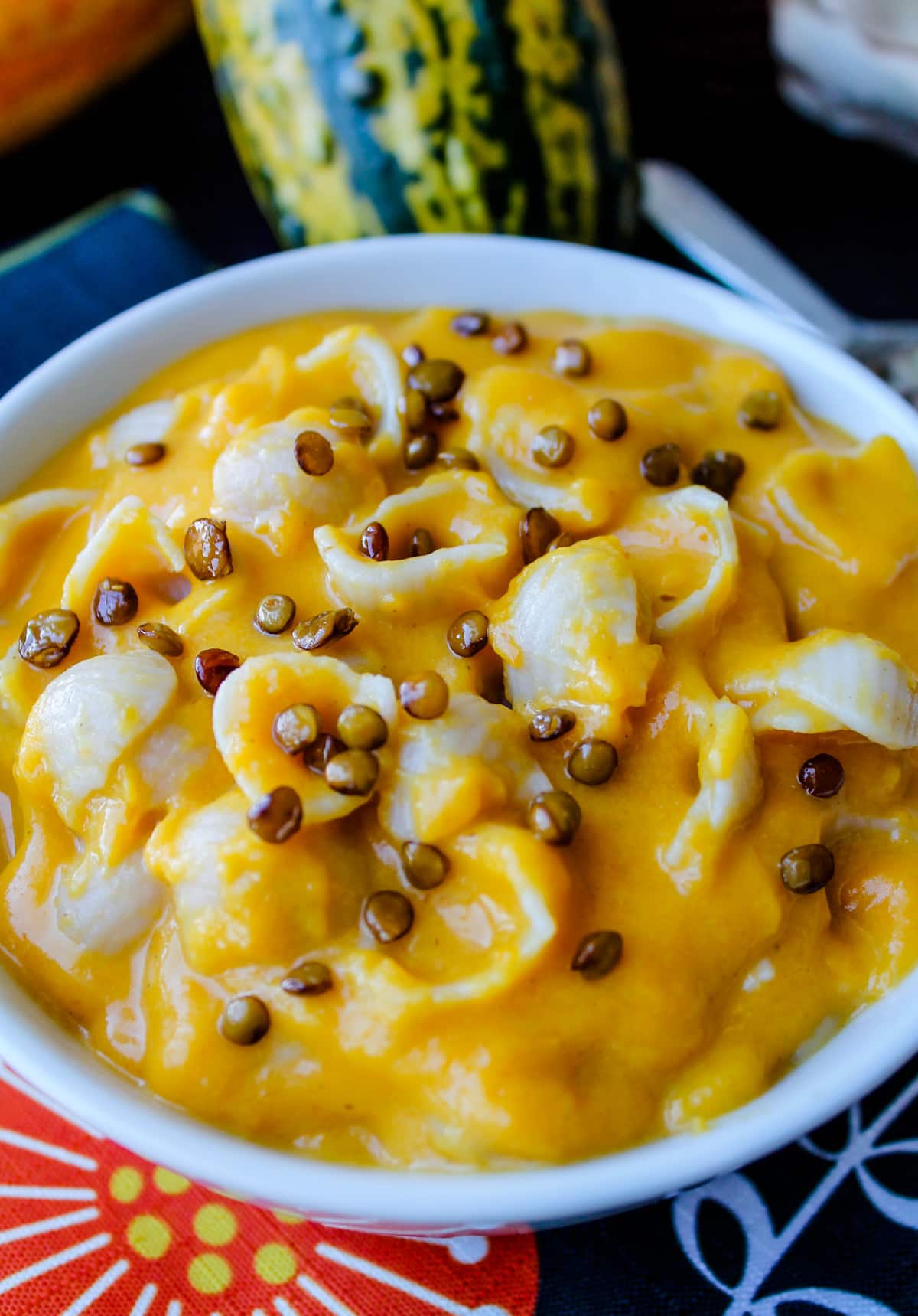 An overhead image of a bowl of butternut squash mac and cheese.