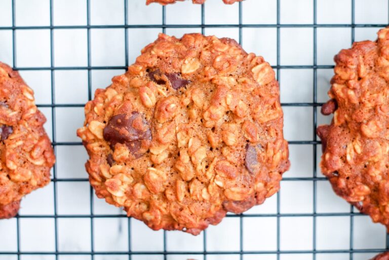 Overhead image of flourless oatmeal cookies on a wire rack.