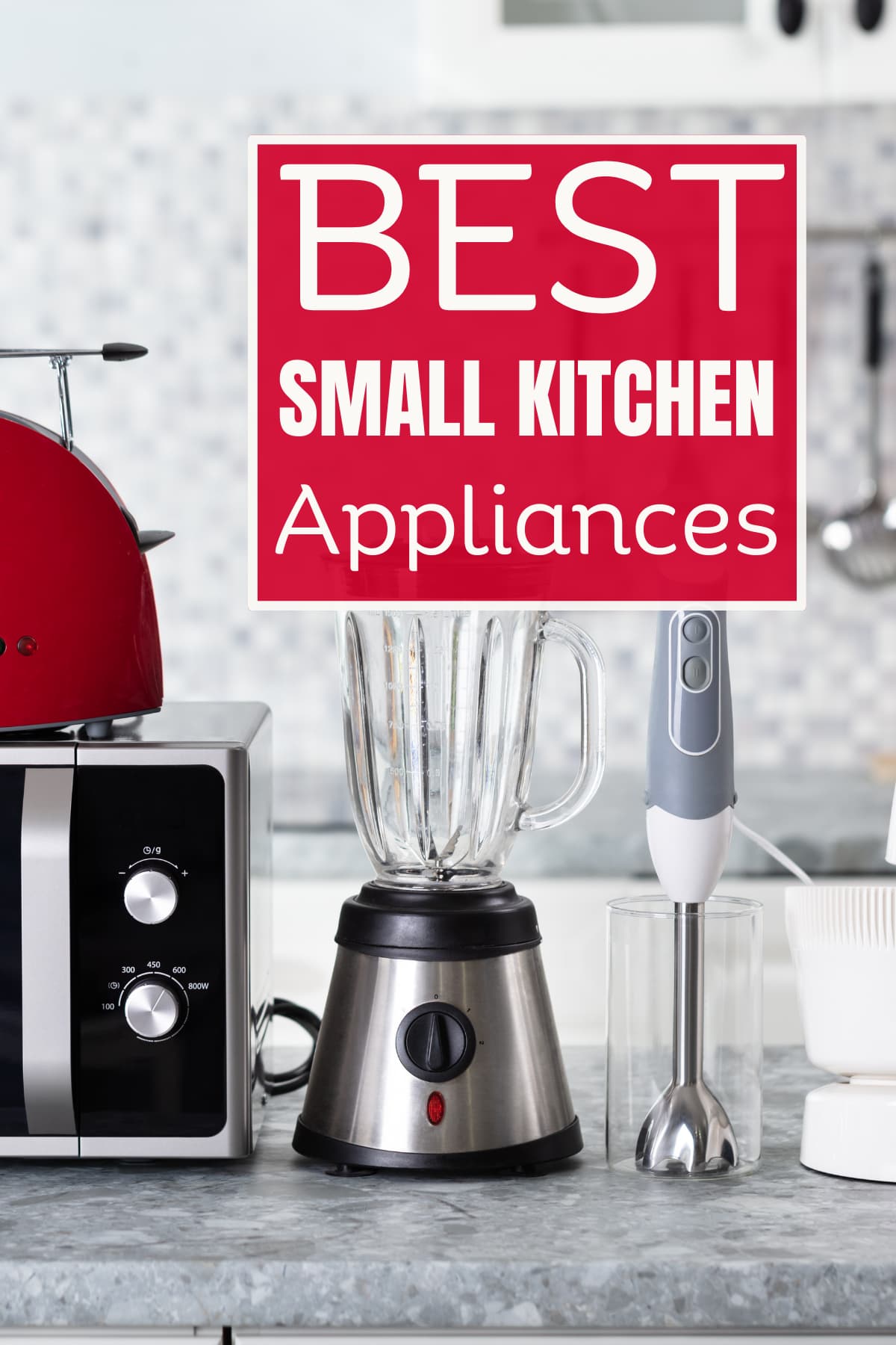 Small kitchen appliances on a counter with text overlay.