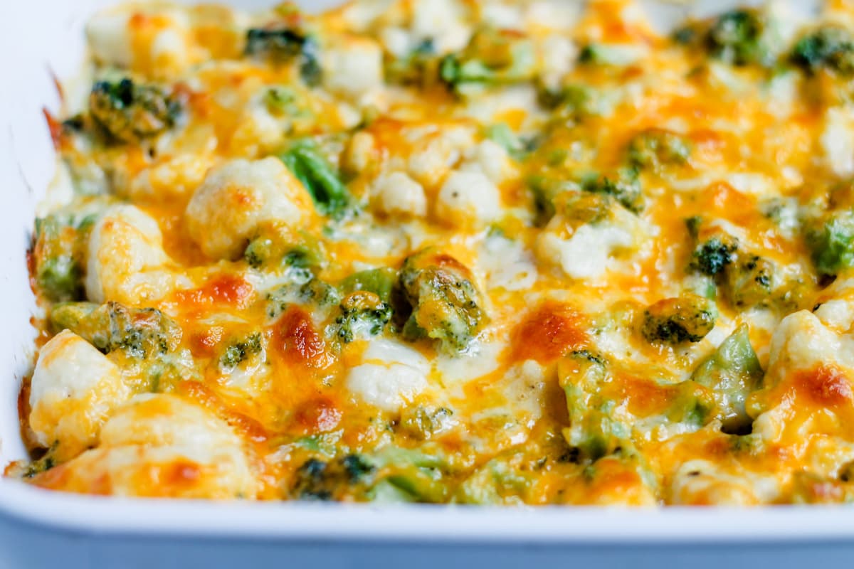 A horizontal view of a broccoli cauliflower cheese casserole.