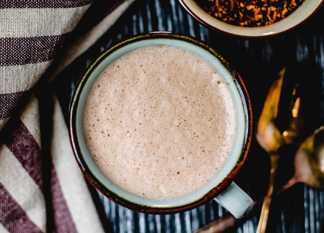 Overhead image of a mug of chaga hot chocolate.