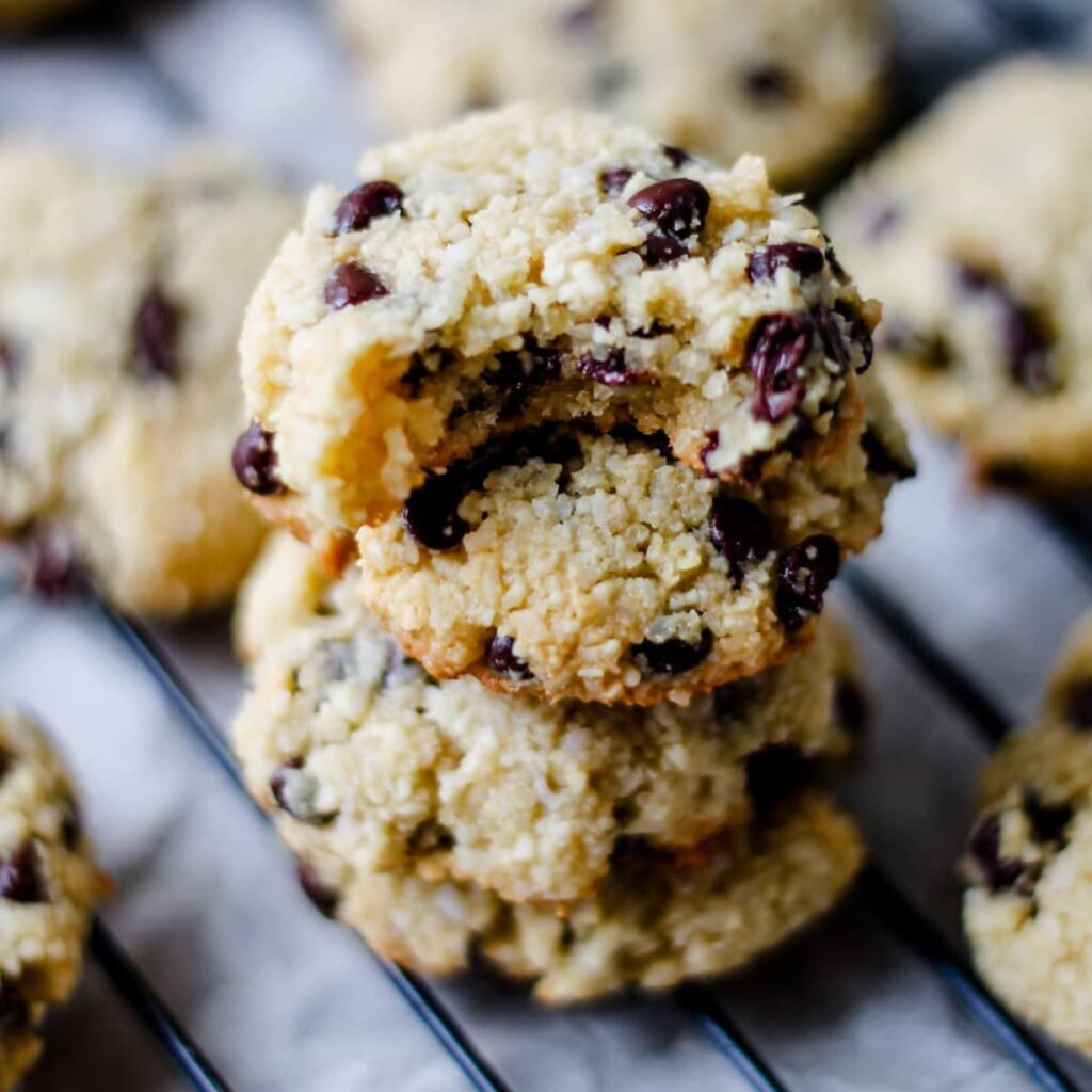 A stack of coconut chocolate chip cookies.