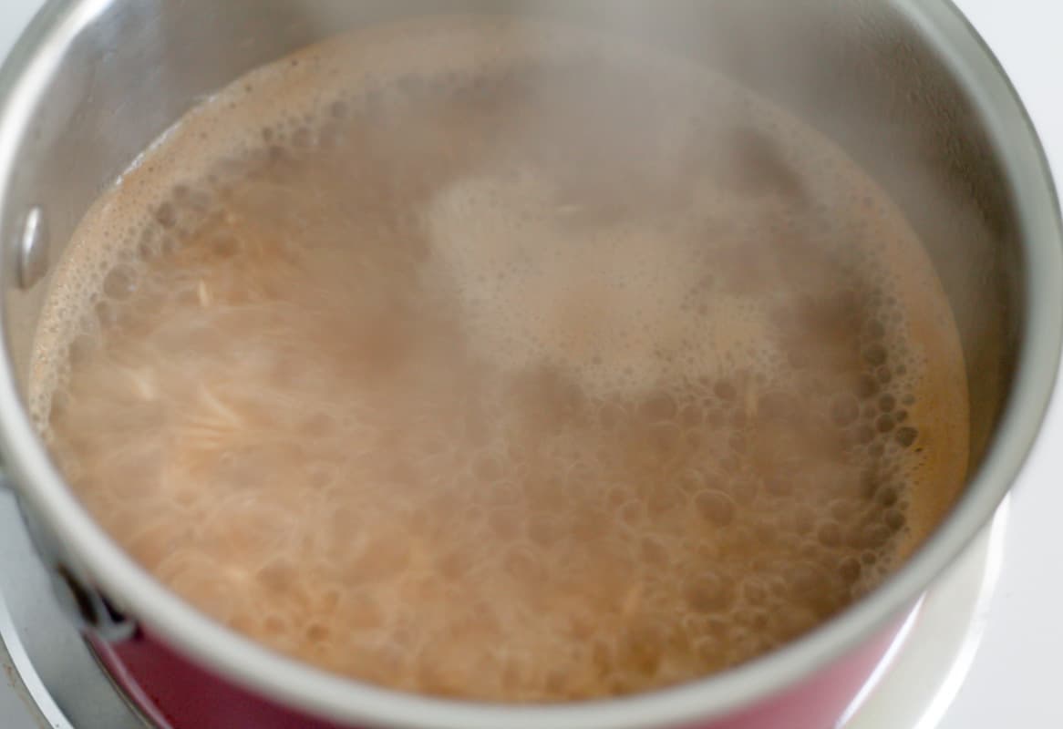Mixture bubbling in a pan.