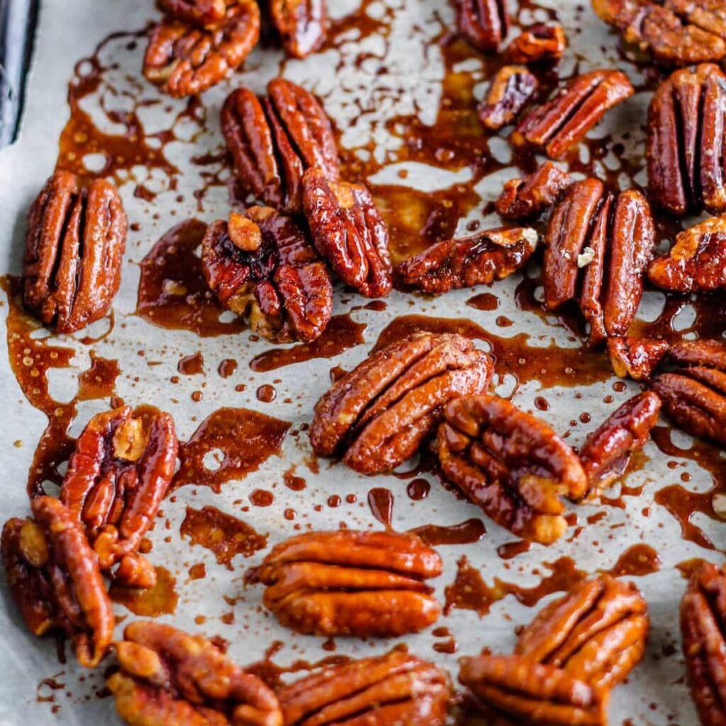 A tray of spicy candied pecans.