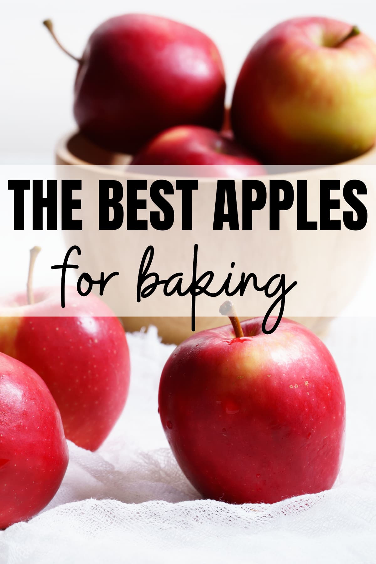 Apples for baking on a counter with text overlay.
