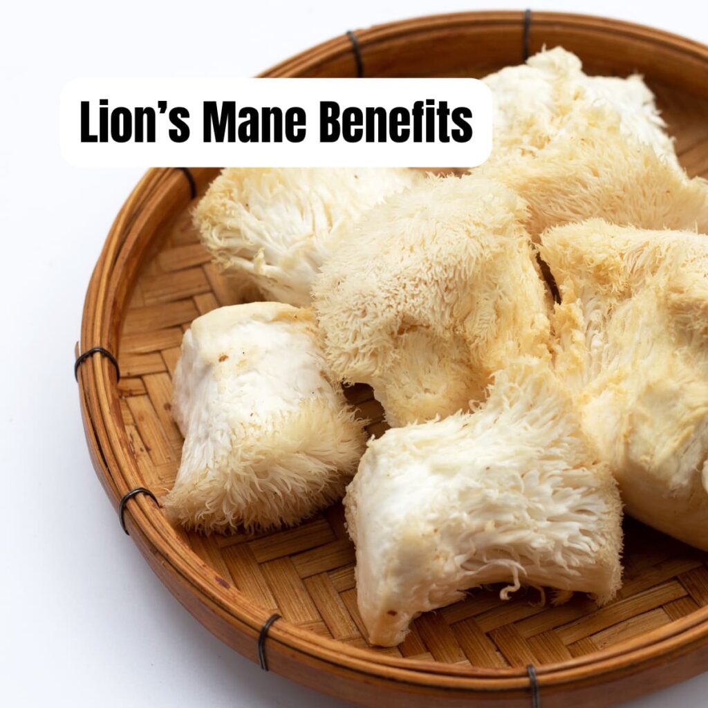 A dish of Lion's Mane Mushrooms with text overlay.