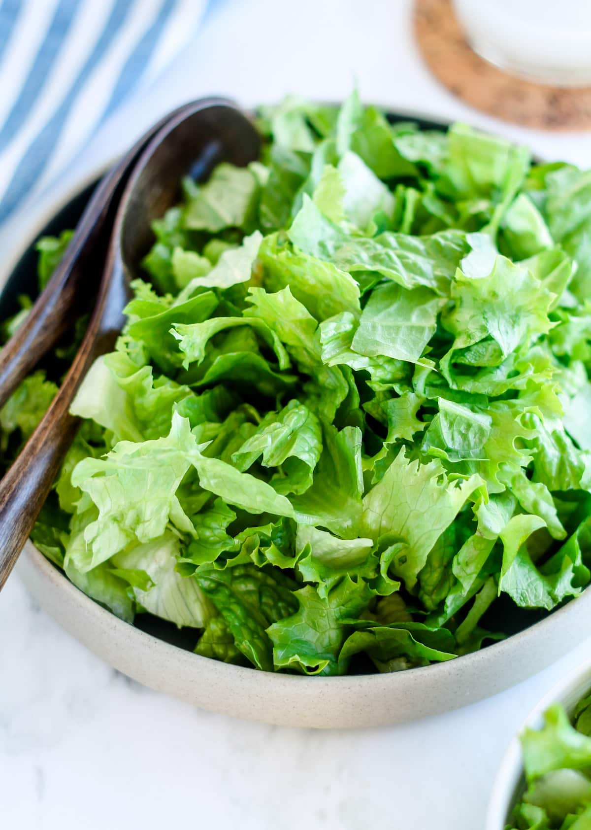 Overhead image of a bowl of lettuce salad.