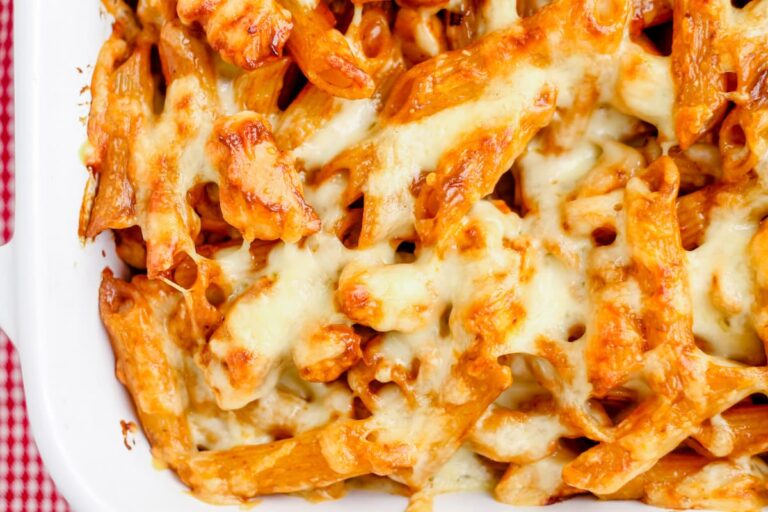 A casserole dish of BBQ Chicken Pasta.