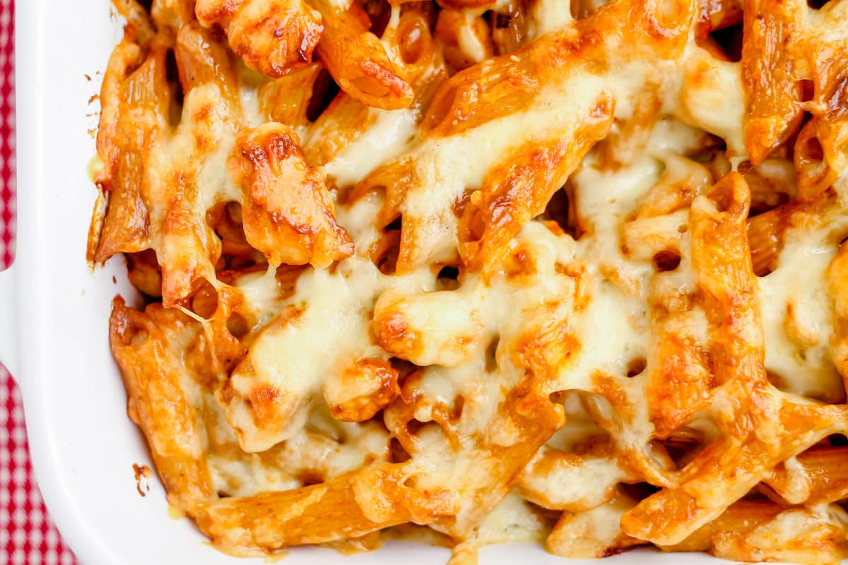 A casserole dish of BBQ Chicken Pasta.