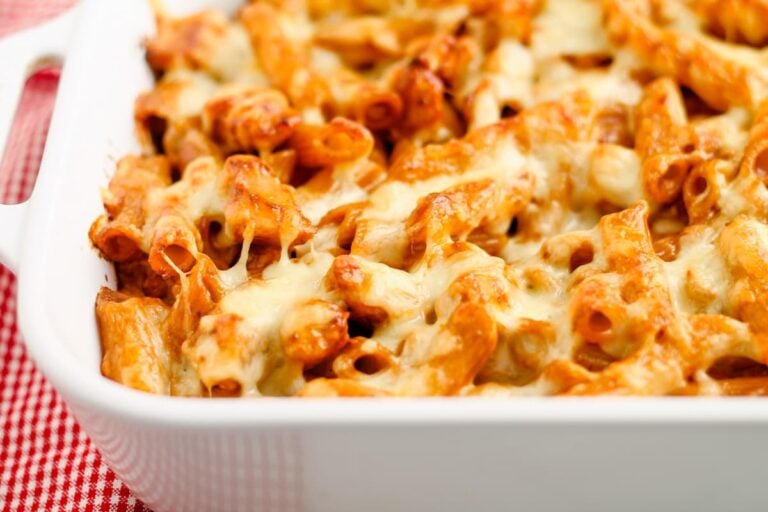 A casserole dish of BBQ Chicken Pasta.