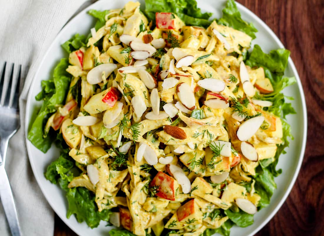 A curry chicken salad on a plate.