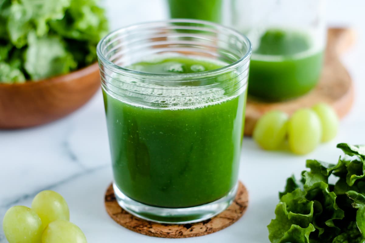 A glass of green juice.