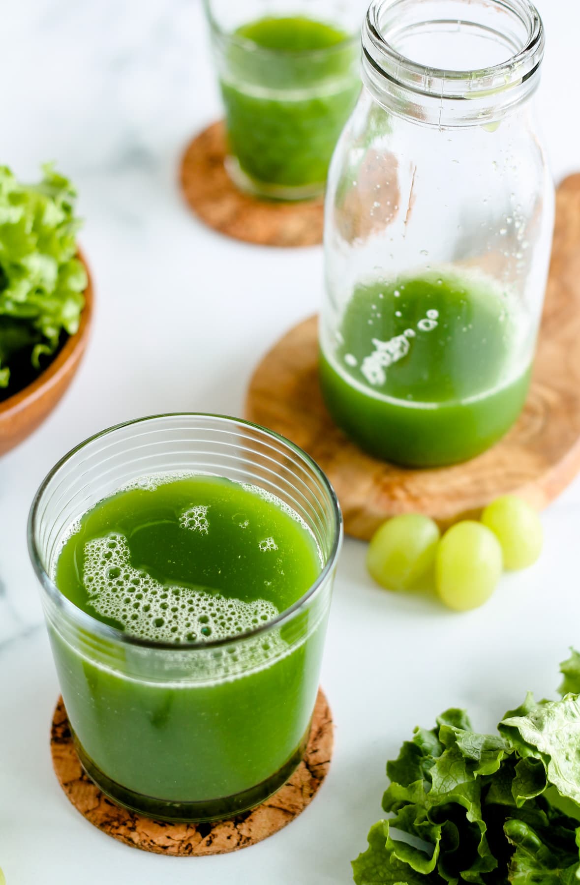A glass of green juice.