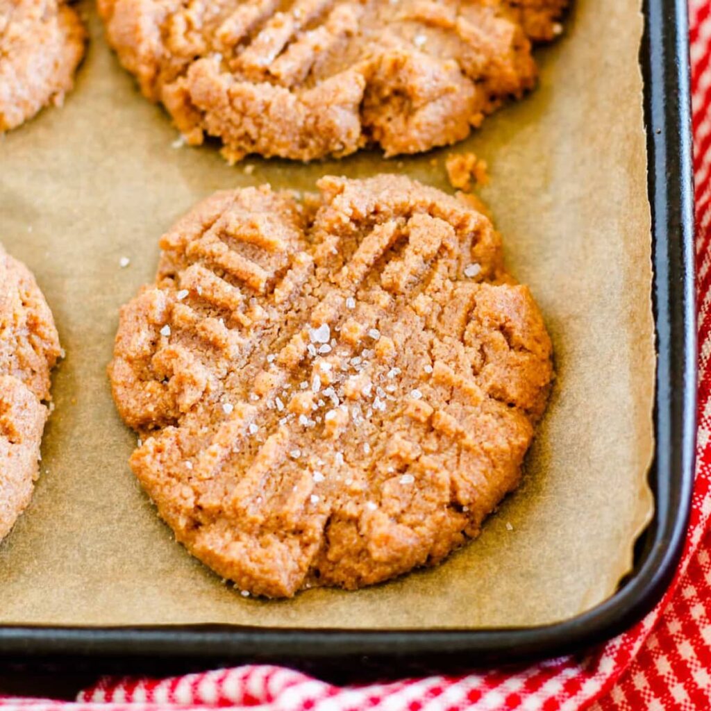 A tray of keto peanut butter cookies.