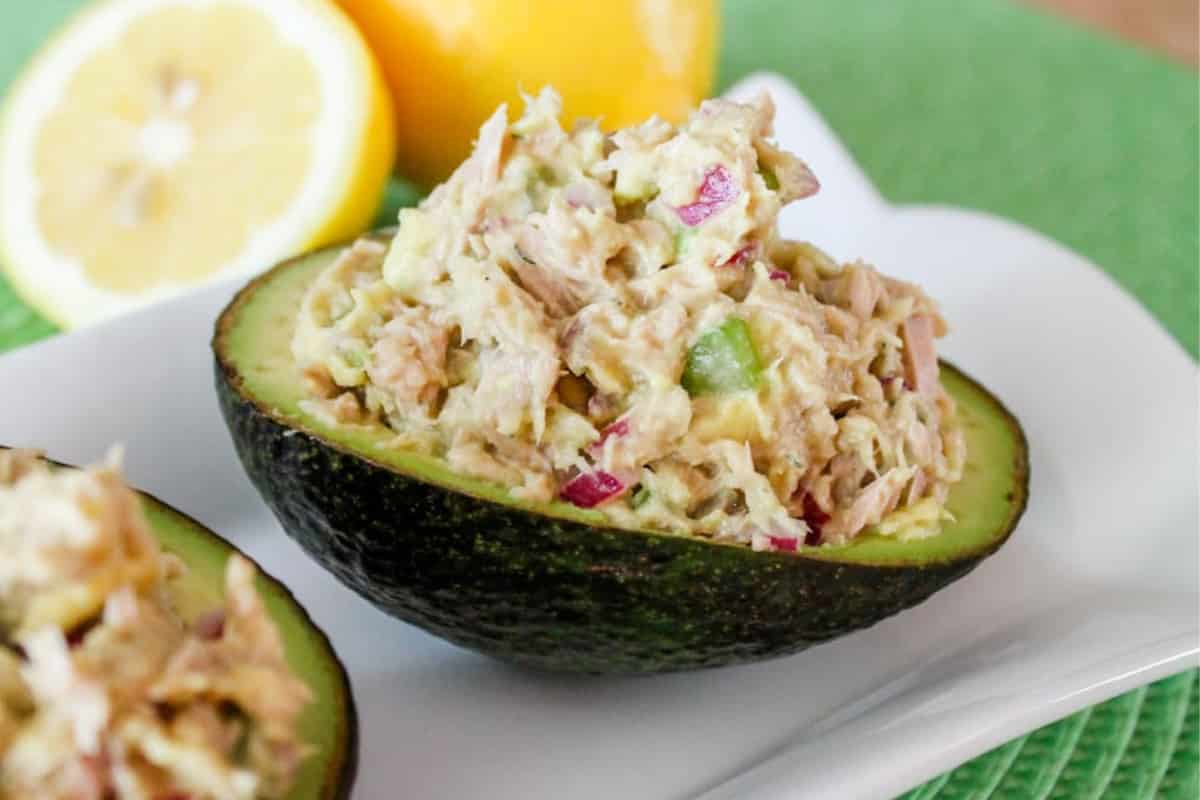 An avocado tuna salad on a plate.