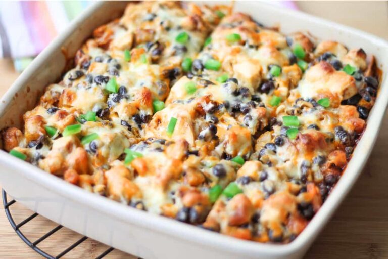 A casserole dish with chicken enchilada bake.