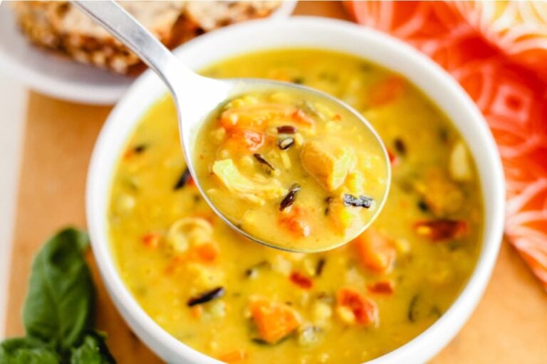 A bowl of chicken and wild rice soup.