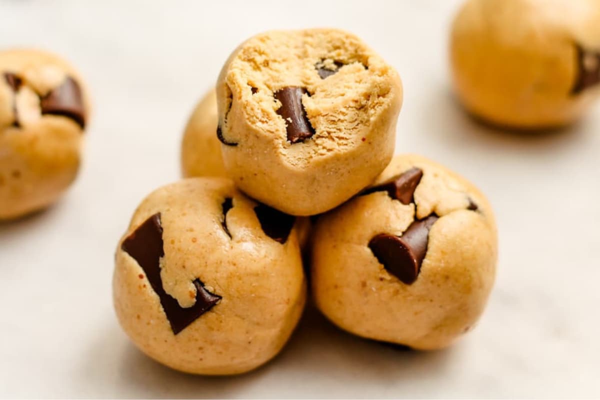 A plate of cookie dough protein balls.