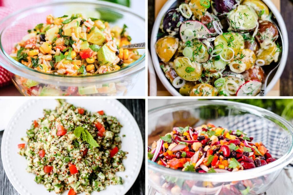 A collage of salad recipes.
