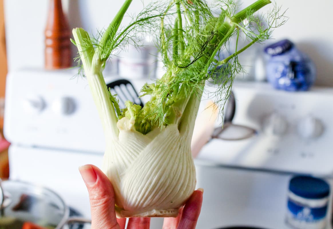 A hand holding a bulb of fennel.