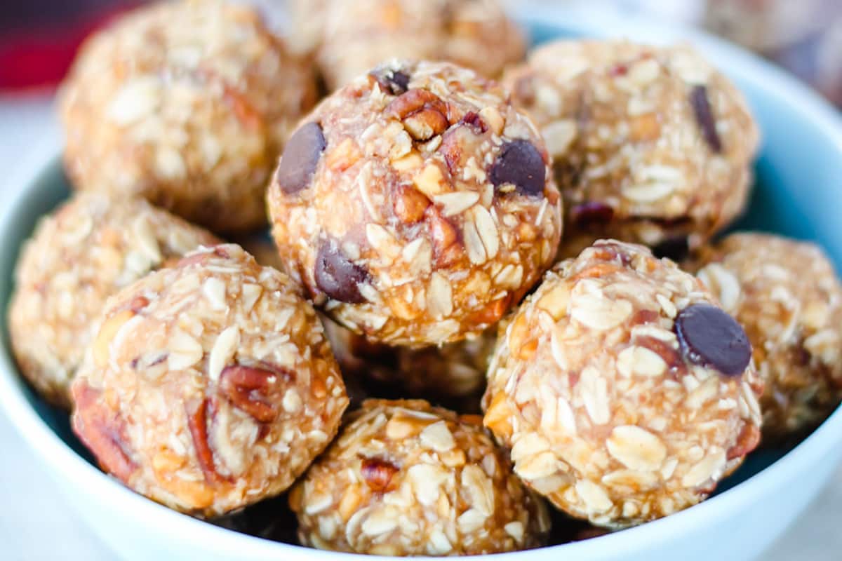 Maple pecan energy balls in a bowl.