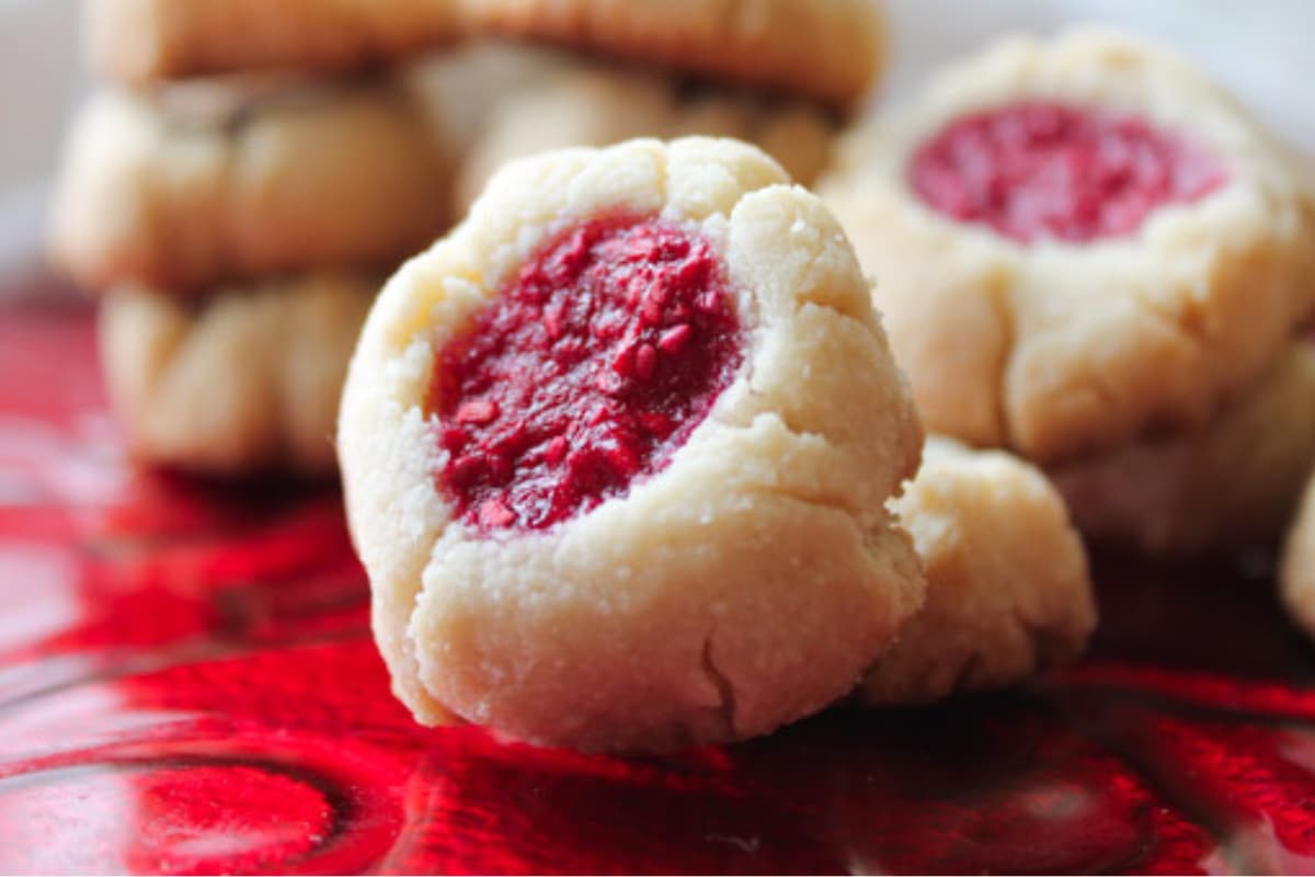 A plate of thumbprint cookies.