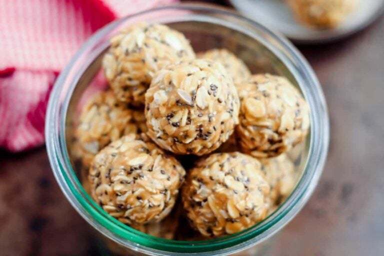 Vanilla chia protein balls in a jar.