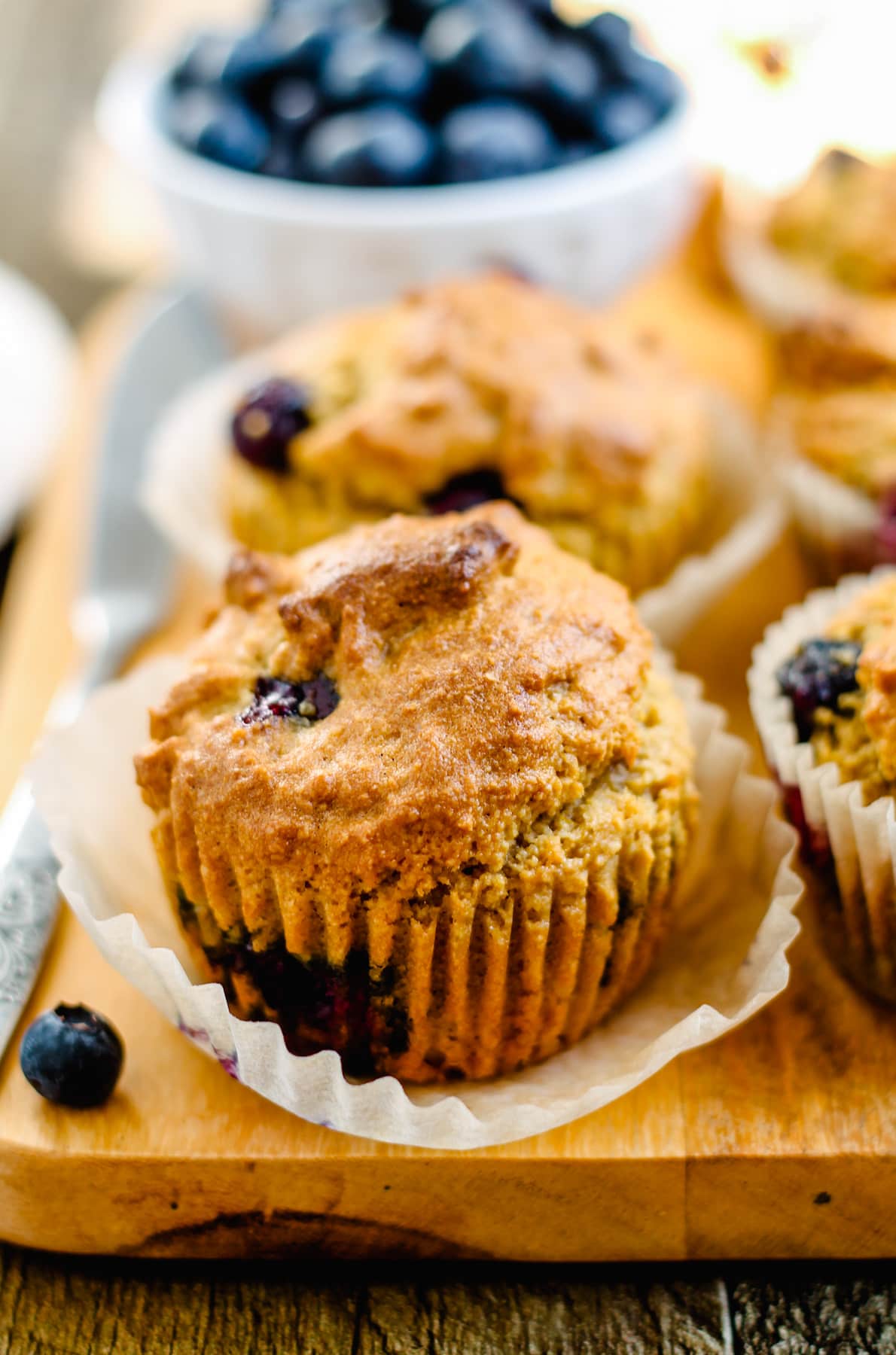 A platter of almond flour blueberry muffins.