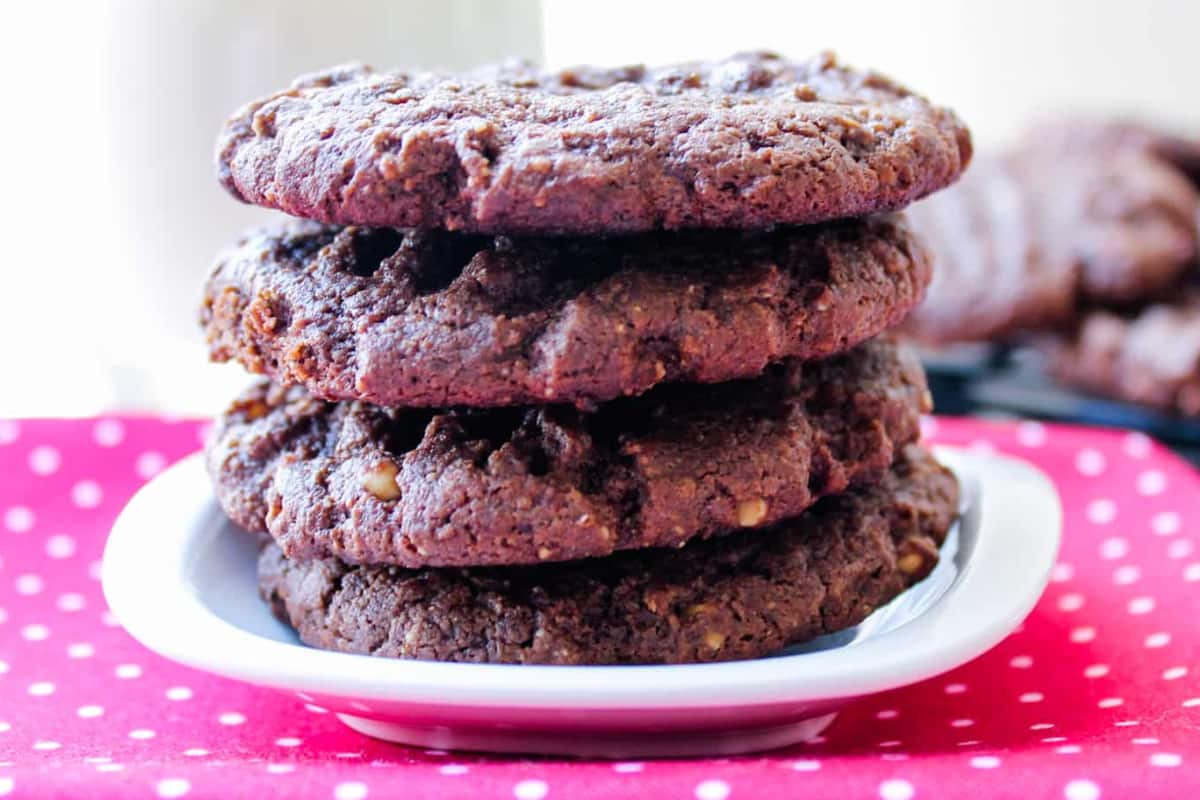 A stack of chocolate protein cookies.