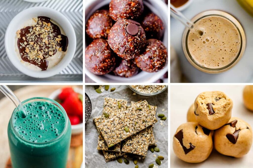 Collage of healthy no bake snack recipes.