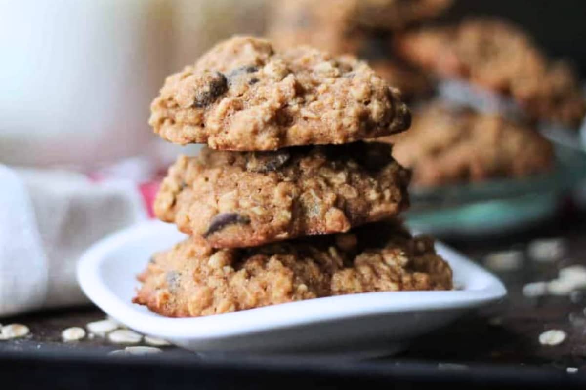 A stack of oatmeal chocolate chip cookies.