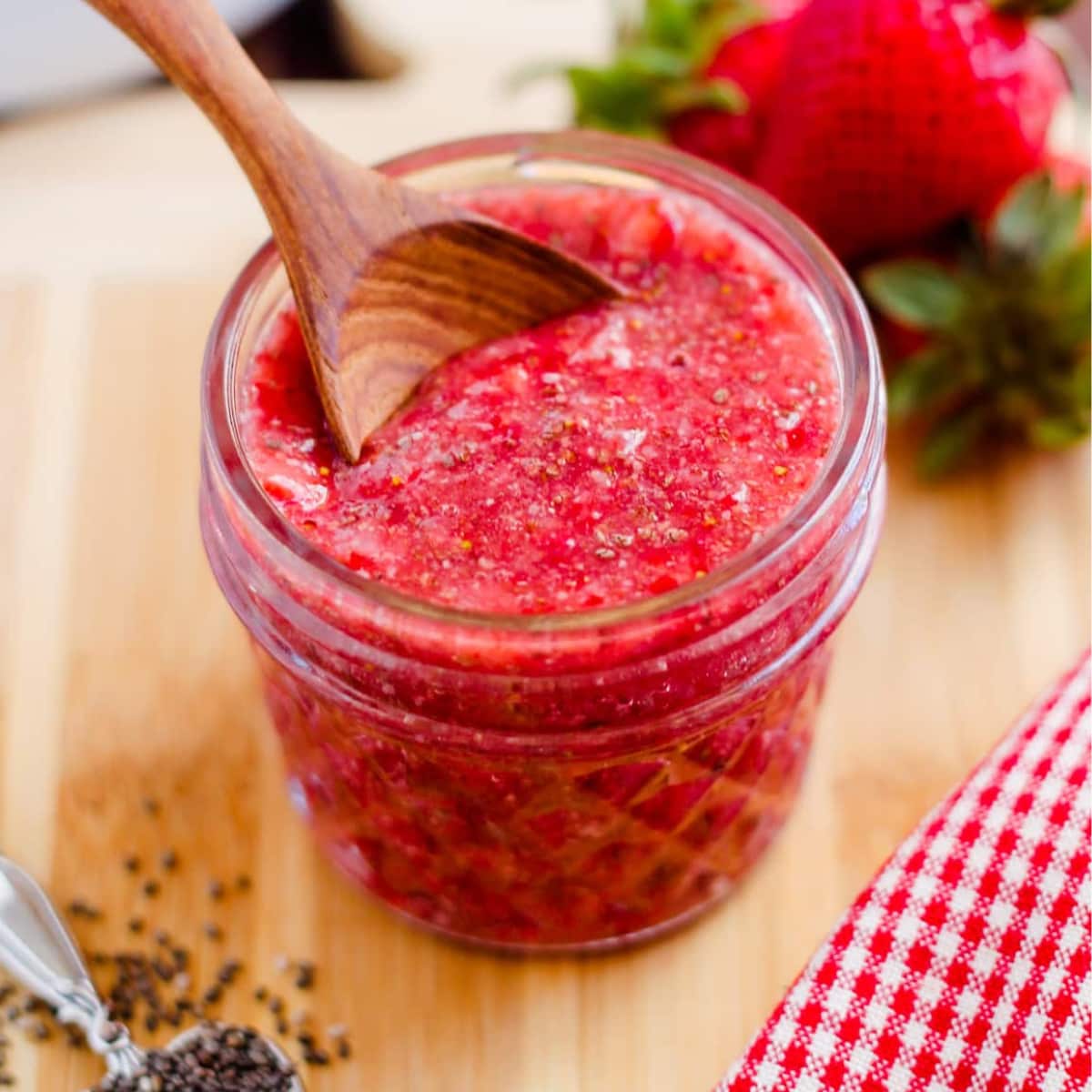 A jar of strawberry chia jam.