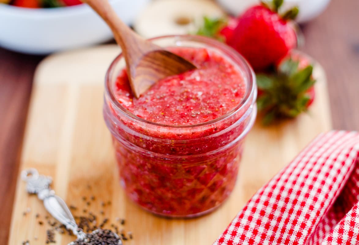 A jar of strawberry chia jam.