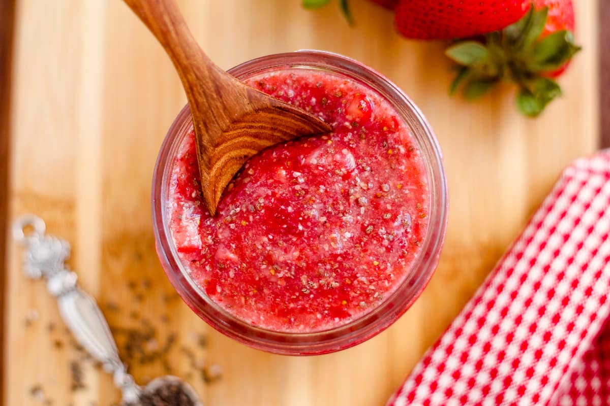 A jar of strawberry chia jam.