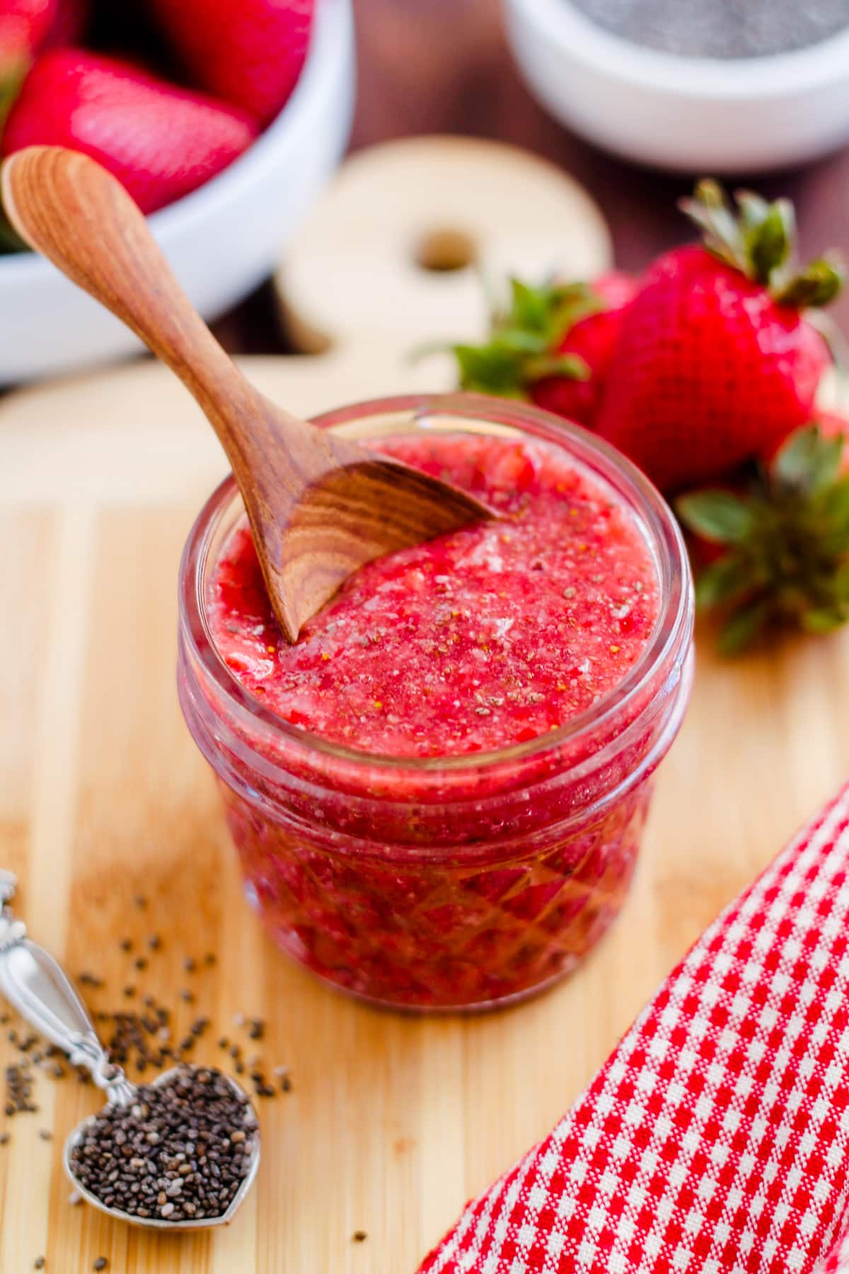 A jar of strawberry chia jam.