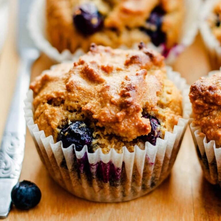 A platter of almond flour blueberry muffins.