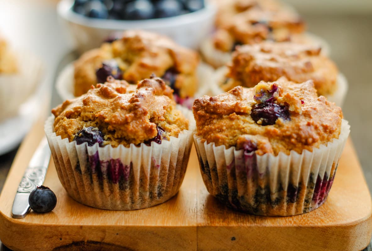 A platter of almond flour blueberry muffins.