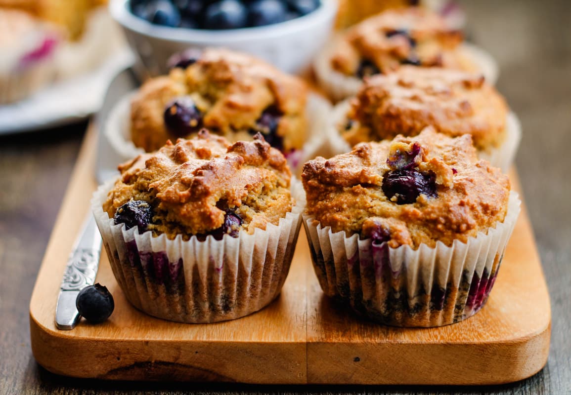 A platter of almond flour blueberry muffins.