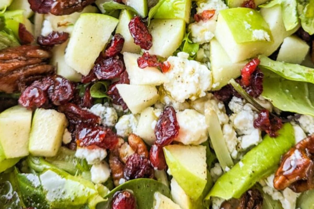 A closeup of apple gorgonzola salad.