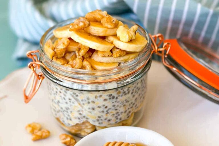 A bowl of banana walnut overnight oats.