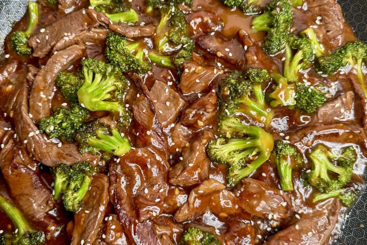 A plate of beef and broccoli.
