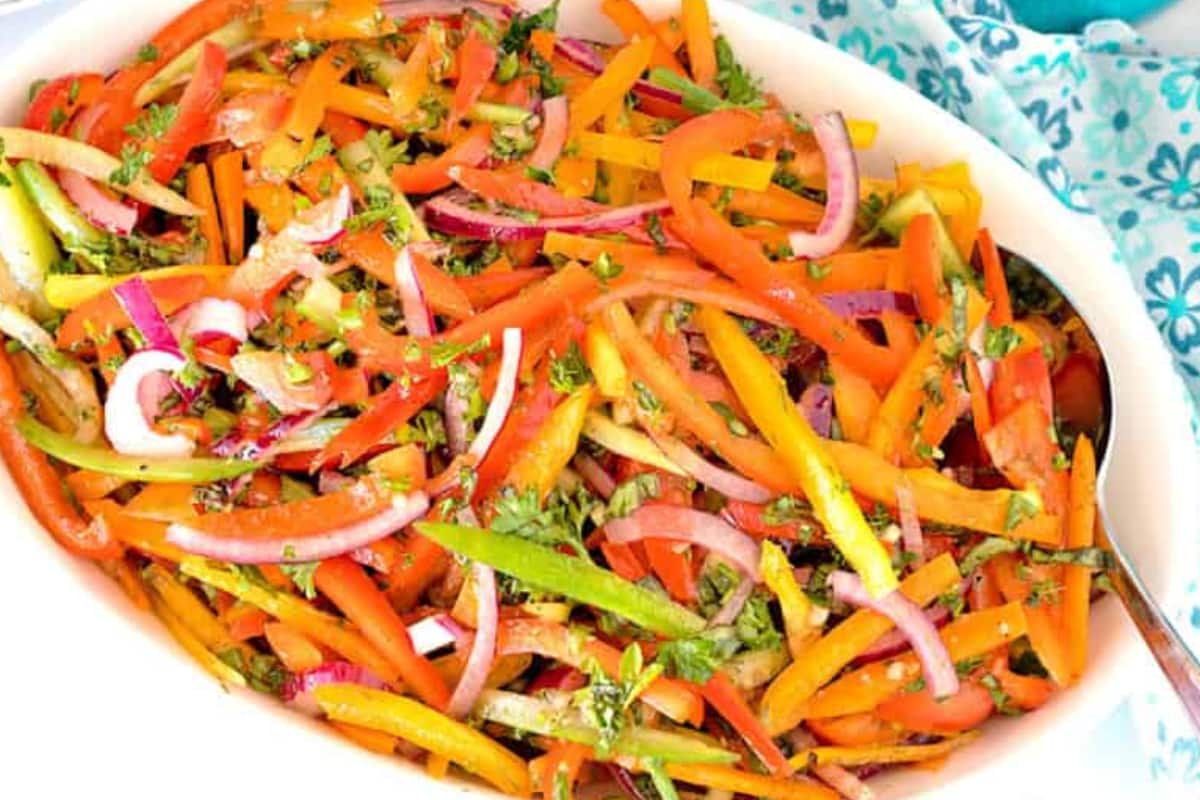 Bell pepper salad on a platter.