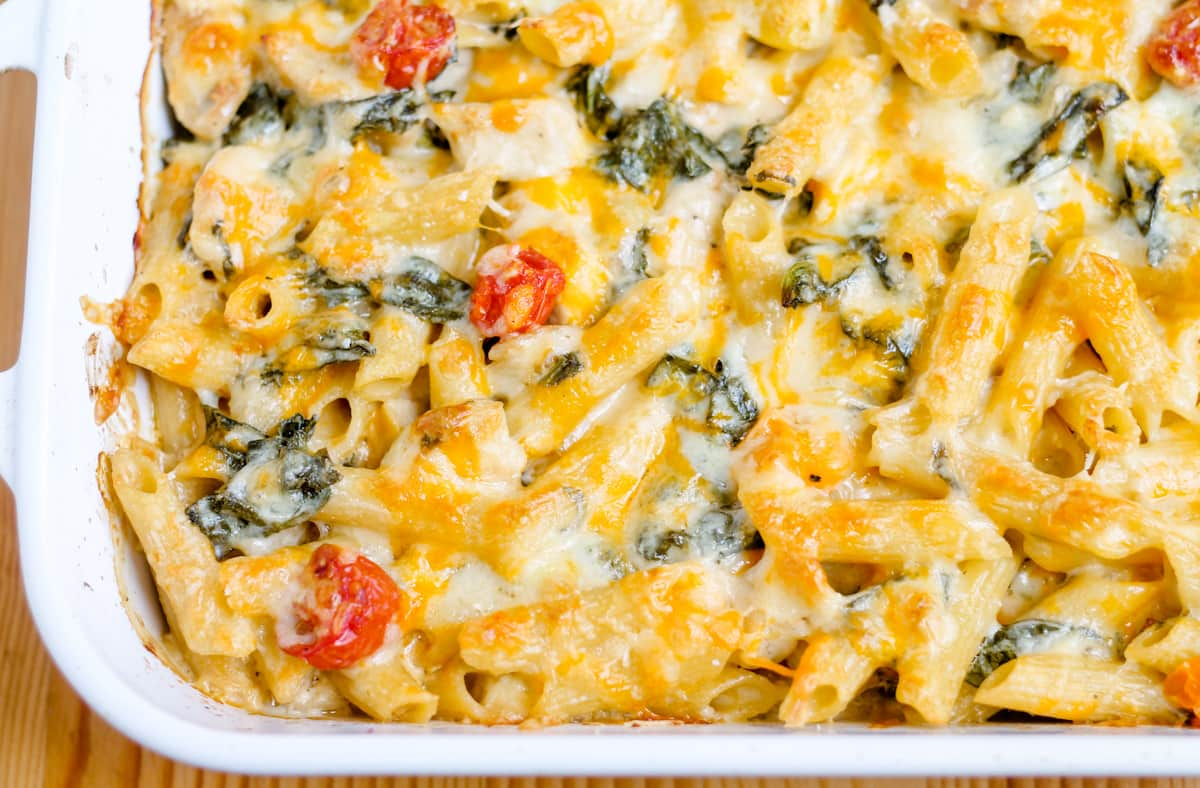 Creamy chicken pasta in a casserole dish.