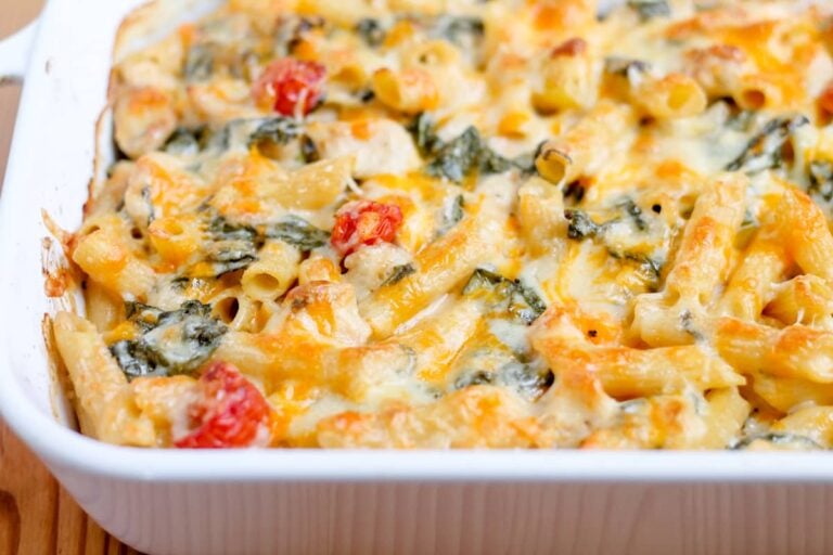 Creamy chicken pasta in a casserole dish.