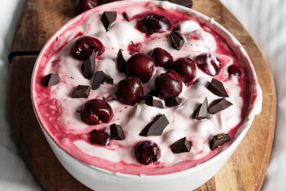 A creme fraiche dessert in a bowl.