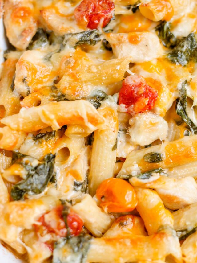 Creamy chicken pasta in a casserole dish.