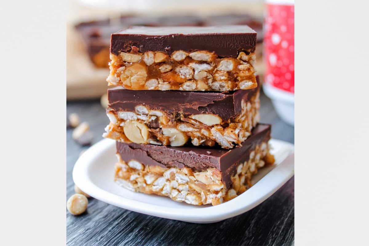 A stack of crunchy peanut butter bars.