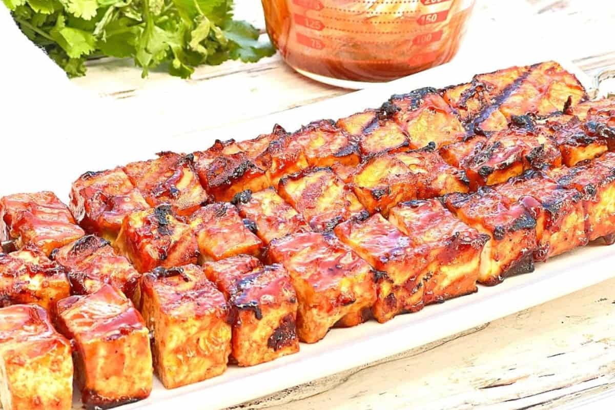 A platter of grilled bbq tofu.